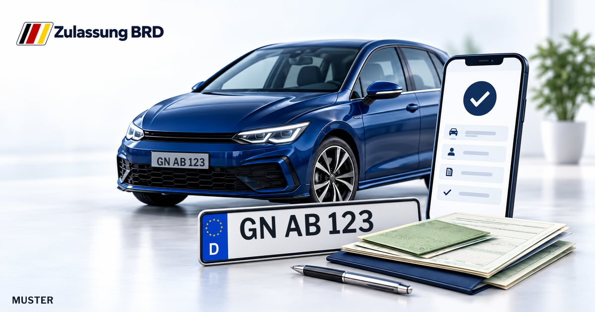 Online Fahrzeugzulassung in Nidderau: Musterkennzeichen GN AB 123, Auto und Fahrzeugpapiere und Smartphone. Illustration mit Logo von Zulassung BRD.